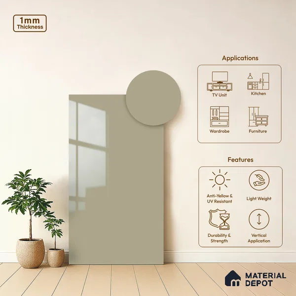 LM 21061 E Veloura Beige Solid Color Glossy Finish 8 ft x 4 ft Decorative Laminate - 1 mm | Suitable for Living Room, Kitchen, Office