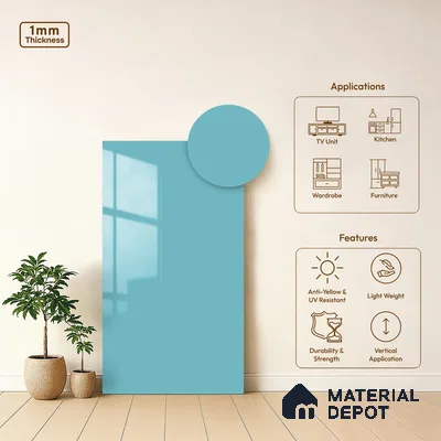 LM 21064 D Aeris Blue Solid Color Glossy Finish 8 ft x 4 ft Decorative Laminate - 1 mm | Suitable for Living Room, Kitchen, Office