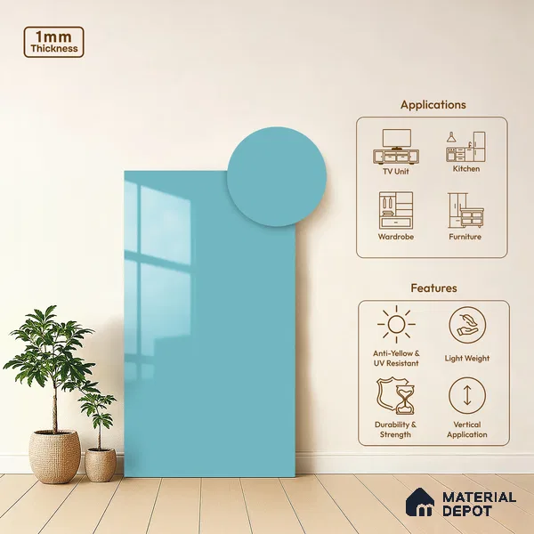 LM 21064 D Aeris Blue Solid Color Glossy Finish 8 ft x 4 ft Decorative Laminate - 1 mm | Suitable for Living Room, Kitchen, Office