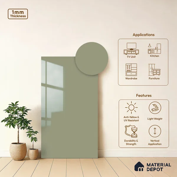 LM 21065 C Beige Solid Color Glossy Finish 8 ft x 4 ft Decorative Laminate - 1 mm | Suitable for Living Room, Kitchen, Office
