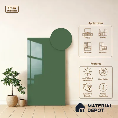 LM 21066 H Olive Green Solid Color Glossy Finish 8 ft x 4 ft Decorative Laminate - 1 mm | Suitable for Living Room, Kitchen, Office