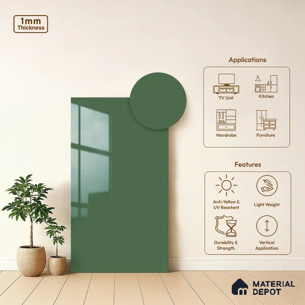 LM 21066 H Olive Green Solid Color Glossy Finish 8 ft x 4 ft Decorative Laminate - 1 mm | Suitable for Living Room, Kitchen, Office