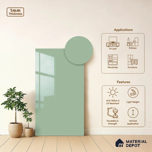LM 21067 C Mint Green Solid Color Glossy Finish 8 ft x 4 ft Decorative Laminate - 1 mm | Suitable for Living Room, Kitchen, Office