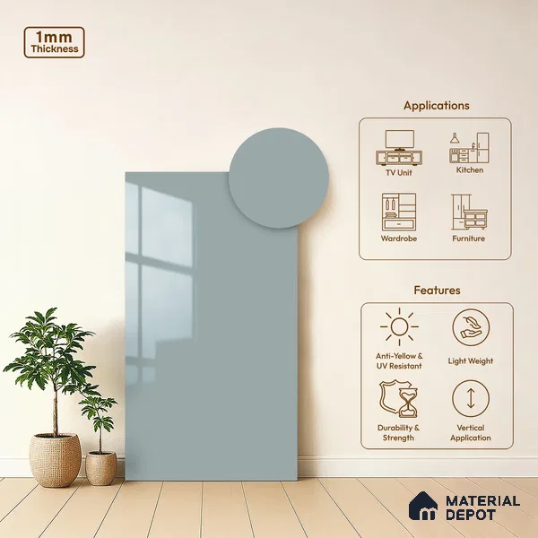 LM 21068 E Icelora Solid Color Glossy Finish 8 ft x 4 ft Decorative Laminate - 1 mm | Suitable for Living Room, Kitchen, Office