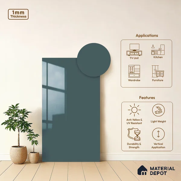 LM 21069 E Slate Grey Solid Color Glossy Finish 8 ft x 4 ft Decorative Laminate - 1 mm | Suitable for Living Room, Kitchen, Office
