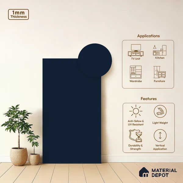 LM 21070 D Midnight Navy Sliky Matte Finish 8 ft x 4 ft Decorative Laminate - 1 mm | Suitable for Living Room, Kitchen, Office
