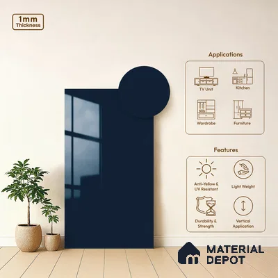 LM 21070 H Deep Slate Blue Solid Color Glossy Finish 8 ft x 4 ft Decorative Laminate - 1 mm | Suitable for Living Room, Kitchen, Office
