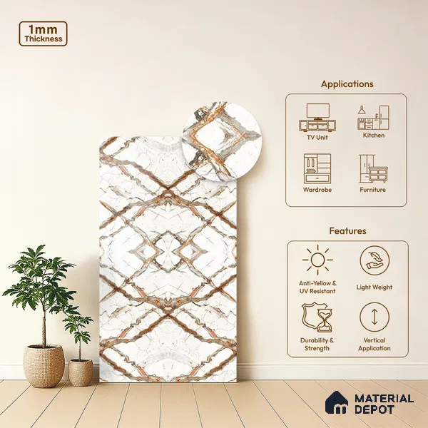 LM 21101 Carrara White Digital High Gloss Finish 8 ft x 4 ft Decorative Laminate - 1 mm | Suitable for TV Unit, Wardrobe, Kitchen Cabinets