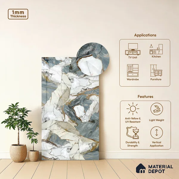 LM 21102 Celestial Veins Digital High Gloss Finish 8 ft x 4 ft Decorative Laminate - 1 mm | Suitable for TV Unit, Wardrobe, Kitchen Cabinets