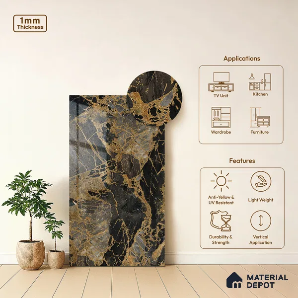 LM 21104 Midnight Luxe Digital High Gloss Finish 8 ft x 4 ft Decorative Laminate - 1 mm | Suitable for TV Unit, Wardrobe, Kitchen Cabinets