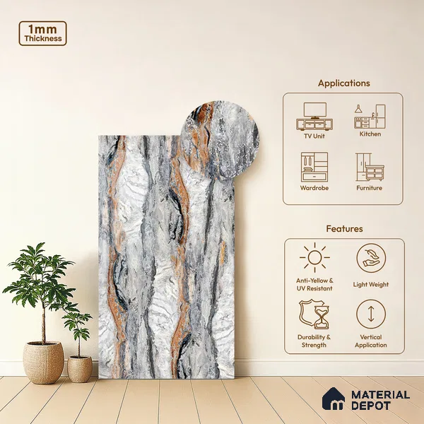 LM 21105 Volcanic Ridge Digital High Gloss Finish 8 ft x 4 ft Decorative Laminate - 1 mm | Suitable for TV Unit, Wardrobe, Kitchen Cabinets