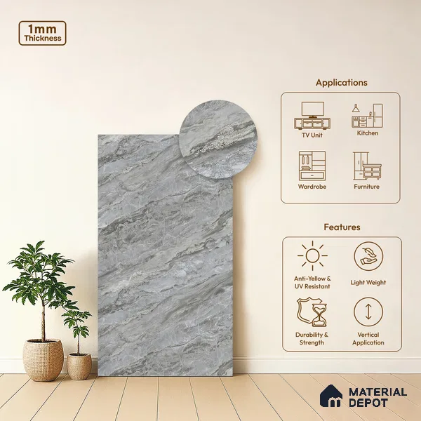 Marble Look LM 21107 Glacier Mist Royal Marble Texture Finish 8 ft x 4 ft Decorative Laminate - 1 mm | Suitable for TV Unit, Wardrobe, Kitchen Cabinets