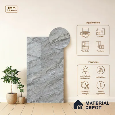 Marble Look LM 21107 C Glacier Mist Marble High Gloss Finish 8 ft x 4 ft Decorative Laminate - 1 mm | Suitable for TV Unit, Wardrobe, Kitchen Cabinets