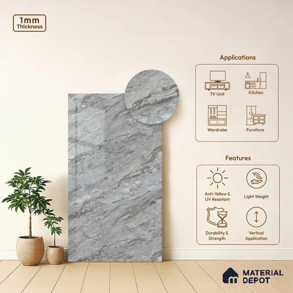 Marble Look LM 21107 C Glacier Mist Marble High Gloss Finish 8 ft x 4 ft Decorative Laminate - 1 mm | Suitable for TV Unit, Wardrobe, Kitchen Cabinets