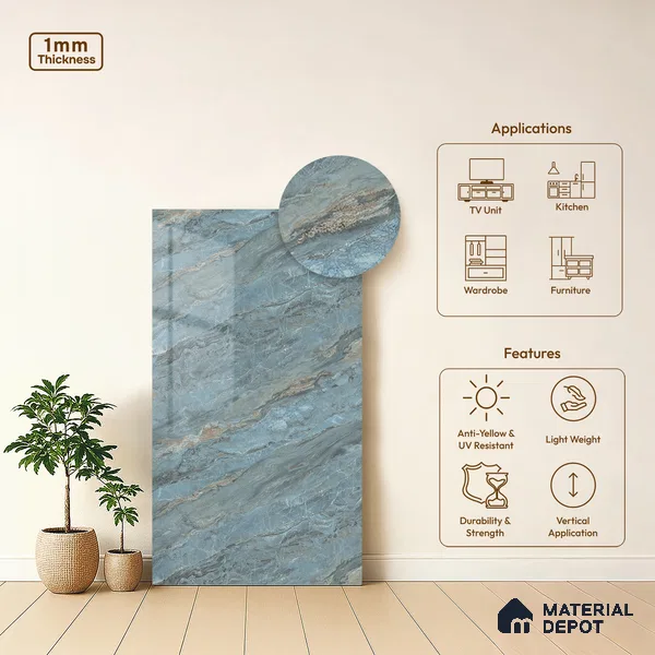 LM 21108 C Ocean Marble Marble High Gloss Finish 8 ft x 4 ft Decorative Laminate - 1 mm | Suitable for TV Unit, Wardrobe, Kitchen Cabinets