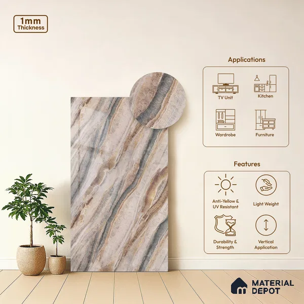 LM 21109 D Dunesone Drift Marble High Gloss Finish 8 ft x 4 ft Decorative Laminate - 1 mm | Suitable for TV Unit, Wardrobe, Kitchen Cabinets