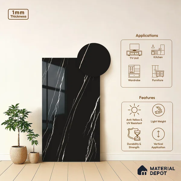 LM 21114 B Jet Black Marble Marble High Gloss Finish 8 ft x 4 ft Decorative Laminate - 1 mm | Suitable for TV Unit, Wardrobe, Kitchen Cabinets