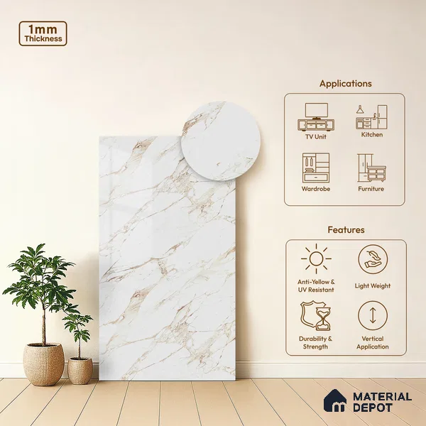 LM 21115 B Auresta White Wooden High Gloss Finish 8 ft x 4 ft Decorative Laminate - 1 mm | Suitable for TV Unit, Wardrobe, Kitchen Cabinets