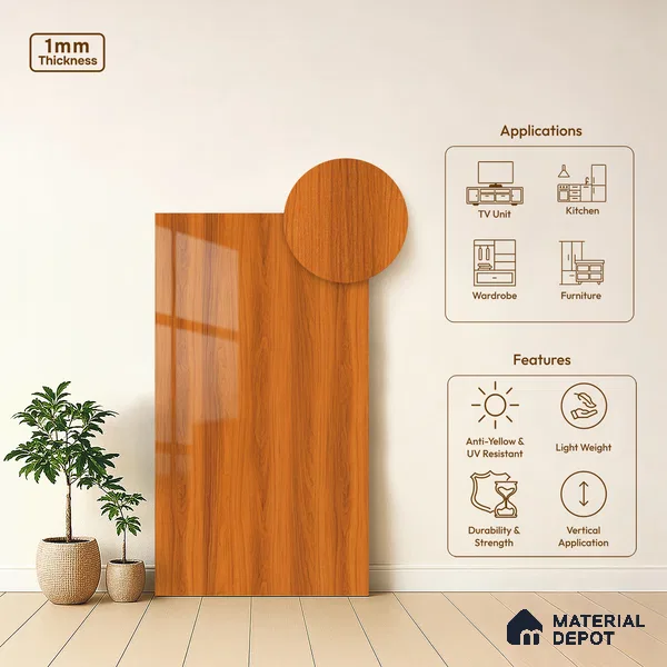 Wooden Look LM 21119 I Classic Timber Wooden High Gloss Finish 8 ft x 4 ft Decorative Laminate - 1 mm | Suitable for TV Unit, Wardrobe, Kitchen Cabinets
