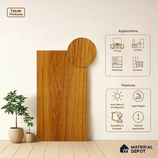 Wooden Look LM 21120 D Golden Elm Crown Zenith Texture Finish 8 ft x 4 ft Decorative Laminate - 1 mm | Suitable for TV Unit, Wardrobe, Kitchen Cabinets
