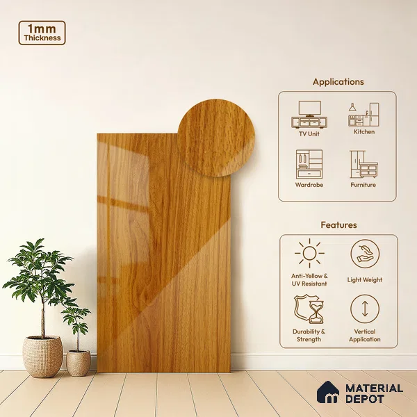 Wooden Look LM 21120 F Golden Elm Wooden High Gloss Finish 8 ft x 4 ft Decorative Laminate - 1 mm | Suitable for TV Unit, Wardrobe, Kitchen Cabinets