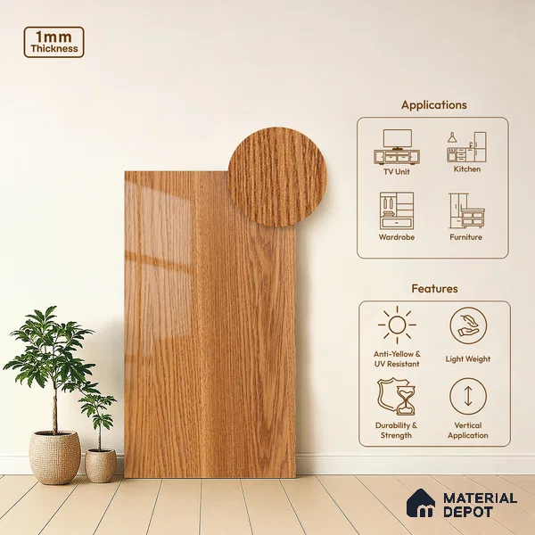 Wooden Look LM 21122 Regal Teak Wooden High Gloss Finish 8 ft x 4 ft Decorative Laminate - 1 mm | Suitable for TV Unit, Wardrobe, Kitchen Cabinets