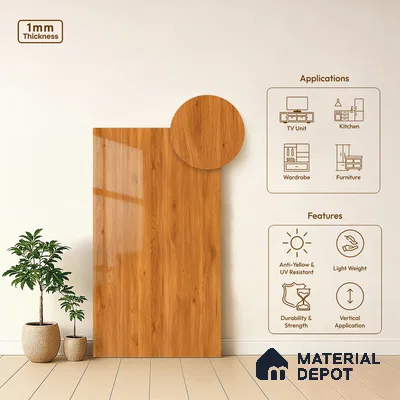 Wooden Look LM 21123 C Amberveil Wooden High Gloss Finish 8 ft x 4 ft Decorative Laminate - 1 mm | Suitable for TV Unit, Wardrobe, Kitchen Cabinets
