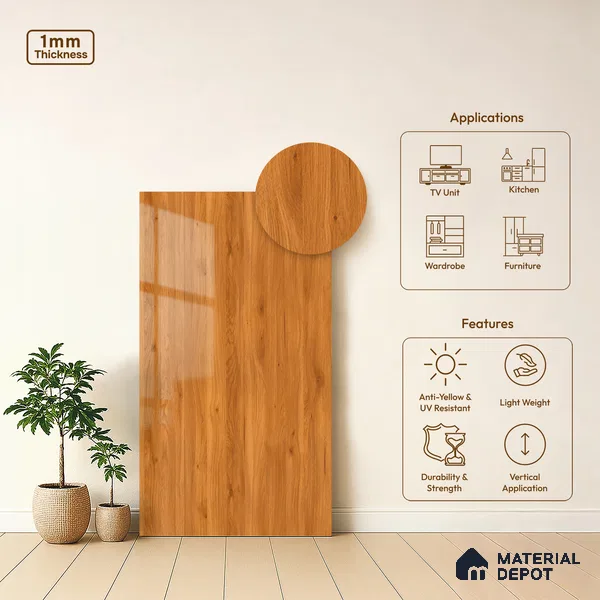 Wooden Look LM 21123 C Amberveil Wooden High Gloss Finish 8 ft x 4 ft Decorative Laminate - 1 mm | Suitable for TV Unit, Wardrobe, Kitchen Cabinets