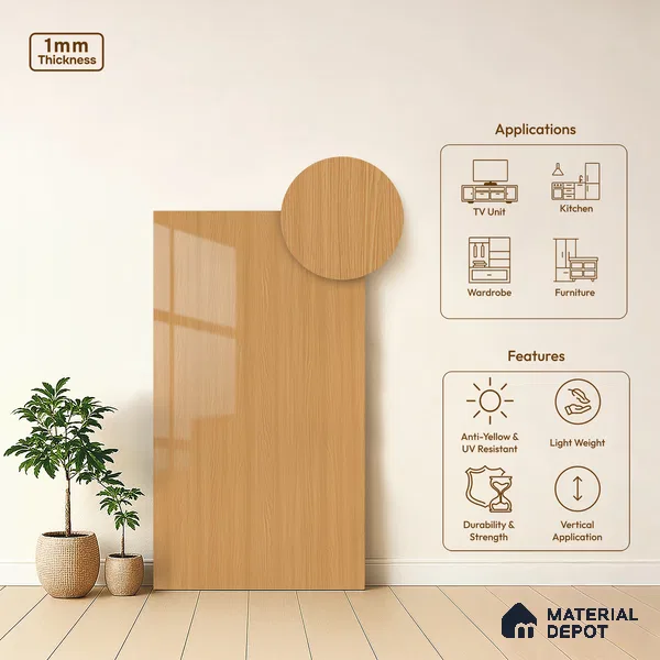 Wooden Look LM 21129 D Honey Wood Wooden High Gloss Finish 8 ft x 4 ft Decorative Laminate - 1 mm | Suitable for TV Unit, Wardrobe, Kitchen Cabinets