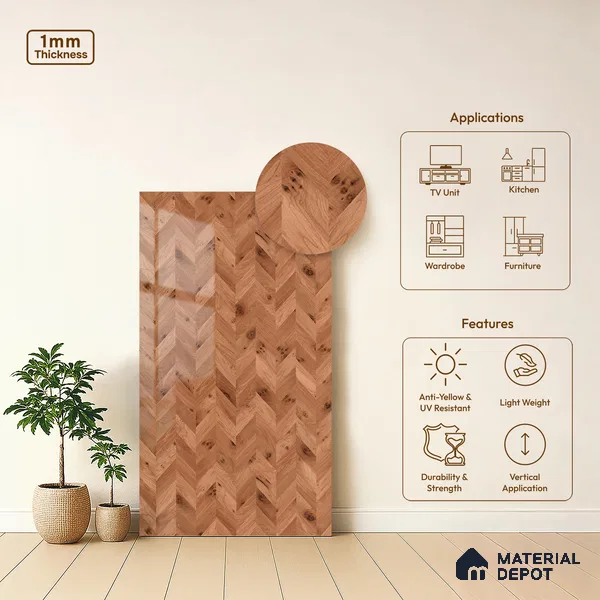 Wooden Look LM 21130 C Wanut Weave Wooden High Gloss Finish 8 ft x 4 ft Decorative Laminate - 1 mm | Suitable for TV Unit, Wardrobe, Kitchen Cabinets