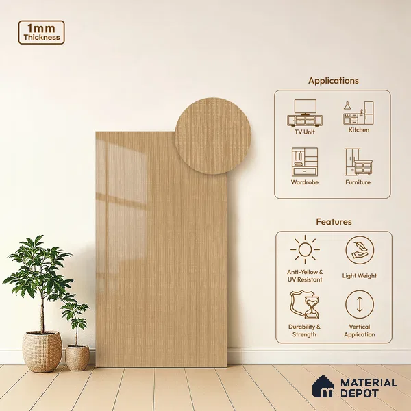 Wooden Look LM 21133 B Granello Oak Light Wooden High Gloss Finish 8 ft x 4 ft Decorative Laminate - 1 mm | Suitable for TV Unit, Wardrobe, Kitchen Cabinets