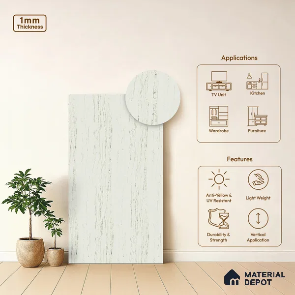 Marble Look LM 18771 Makrana Albeta Marble 8 ft x 4 ft Texture Finish Decorative Laminate - 1 mm | Suitable for TV Unit, Wardrobe, Kitchen Cabinets