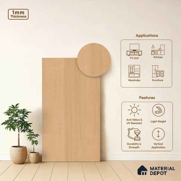 Wooden Look LM 18786 Barley Birch 8 ft x 4 ft Texture Finish Decorative Laminate - 1 mm | Suitable for TV Unit, Wardrobe, Kitchen Cabinets