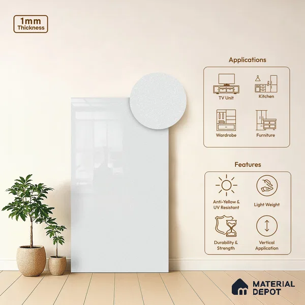 LM 21467 Pearl White 8 ft x 4 ft Glossy Finish Decorative Laminate - 1 mm | Suitable for Living Room, Kitchen, Office