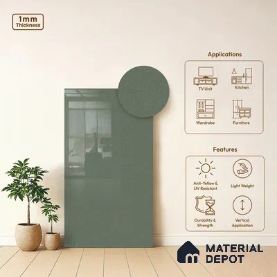 LM 21470 Moss Green 8 ft x 4 ft Glossy Finish Decorative Laminate - 1 mm | Suitable for Living Room, Kitchen, Office