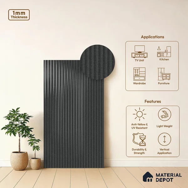 Fluted Solid Color Look LM 21478 Graphite Grey 8 ft x 4 ft Glossy Finish Decorative Laminate - 1 mm | Suitable for TV Unit, Wardrobe, Kitchen Cabinets