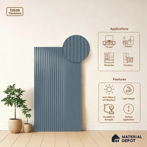 Fluted Solid Color Look LM 21479 Summery Sky 8 ft x 4 ft Glossy Finish Decorative Laminate - 1 mm | Suitable for TV Unit, Wardrobe, Kitchen Cabinets