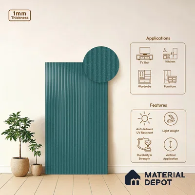 Fluted Solid Color Look LM 21480 Paris Green 8 ft x 4 ft Glossy Finish Decorative Laminate - 1 mm | Suitable for TV Unit, Wardrobe, Kitchen Cabinets