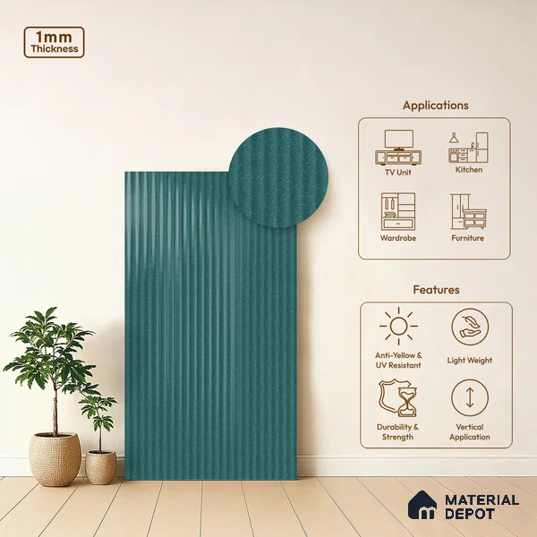 Fluted Solid Color Look LM 21480 Paris Green 8 ft x 4 ft Glossy Finish Decorative Laminate - 1 mm | Suitable for TV Unit, Wardrobe, Kitchen Cabinets