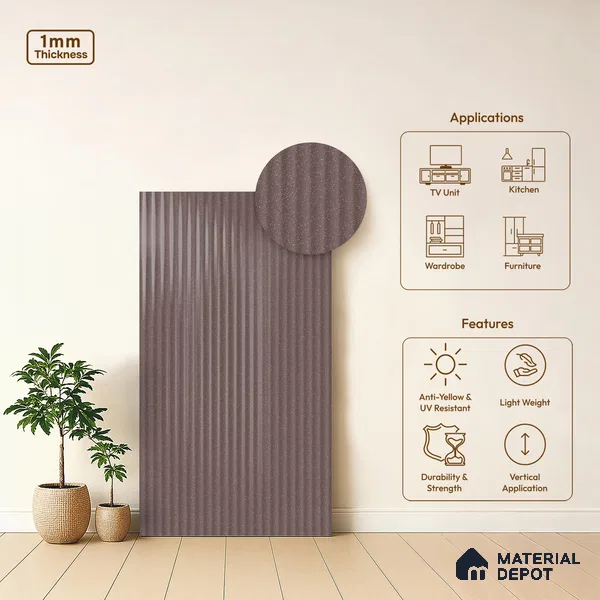 Fluted Solid Color Look LM 21481 Americano 8 ft x 4 ft Glossy Finish Decorative Laminate - 1 mm | Suitable for TV Unit, Wardrobe, Kitchen Cabinets