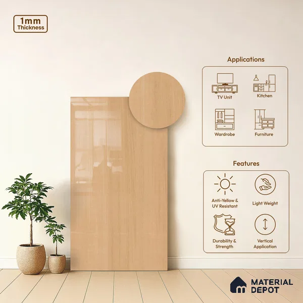 Wooden Look LM 21482 Barley Birch 8 ft x 4 ft Glossy Finish Decorative Laminate - 1 mm | Suitable for TV Unit, Wardrobe, Kitchen Cabinets