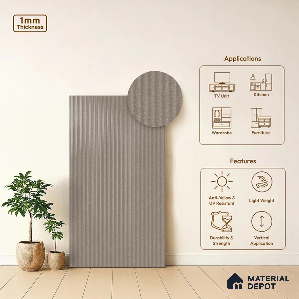 Fluted Solid Color Look LM 21548 Perfect Beige 8ft x 4ft Glossy Finish Decorative Laminate - 1 mm | Suitable for TV Unit, Wardrobe, Kitchen Cabinets