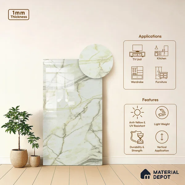 Marble Look LM 21553 Yellow Marble Texture 8ft x 4ft Texture Finish Decorative Laminate - 1 mm | Suitable for TV Unit, Wardrobe, Kitchen Cabinets