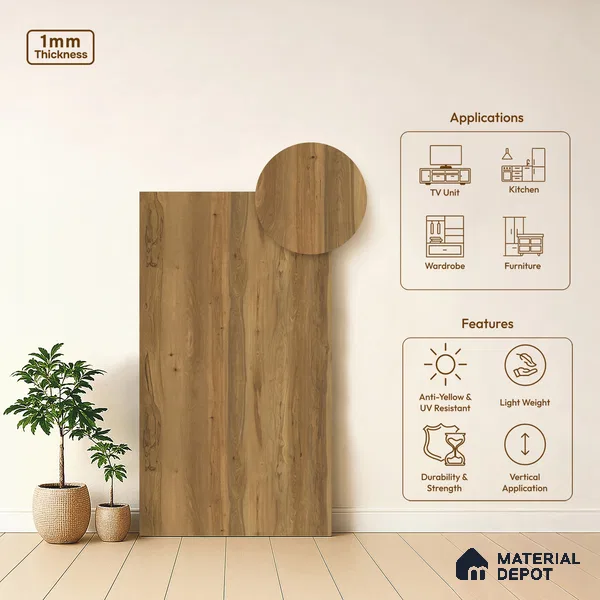 Wooden Look LM 21562 Soft Teak 8ft x 4ft Texture Finish Decorative Laminate - 1 mm | Suitable for TV Unit, Wardrobe, Kitchen Cabinets