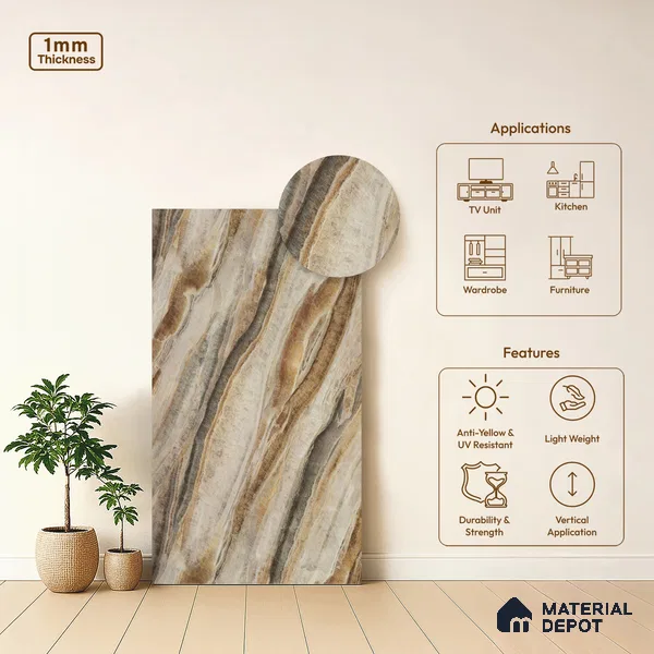 Marble Look LM 21568 Iiiusion Bronze Marble 8ft x 4ft Texture Finish Decorative Laminate - 1 mm | Suitable for TV Unit, Wardrobe, Kitchen Cabinets