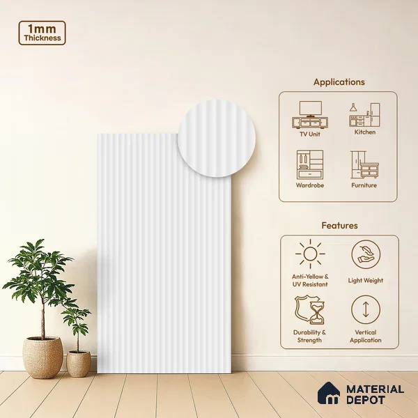Fluted Solid Color Look LM 21628 Coconut White 8ft x 4ft Texture Finish Decorative Laminate - 1 mm | Suitable for TV Unit, Wardrobe, Kitchen Cabinets
