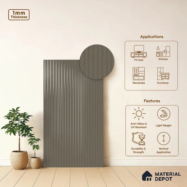 Fluted Solid Color Look LM 21632 Sober Silver 8ft x 4ft Glossy Finish Decorative Laminate - 1 mm | Suitable for TV Unit, Wardrobe, Kitchen Cabinets