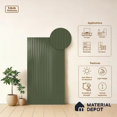 Fluted Solid Color Look LM 21633 Moss Green 8ft x 4ft Glossy Finish Decorative Laminate - 1 mm | Suitable for TV Unit, Wardrobe, Kitchen Cabinets