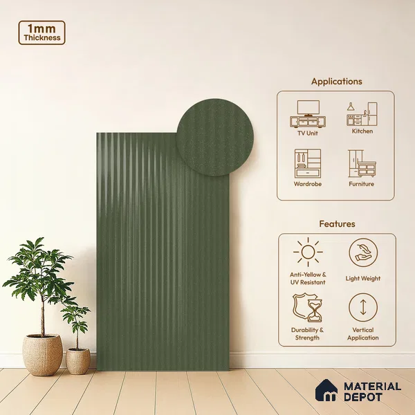 Fluted Solid Color Look LM 21633 Moss Green 8ft x 4ft Glossy Finish Decorative Laminate - 1 mm | Suitable for TV Unit, Wardrobe, Kitchen Cabinets