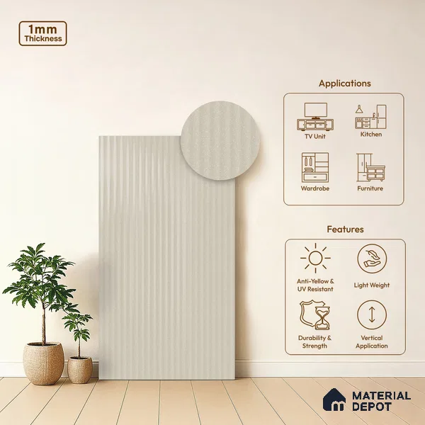 Fluted Solid Color Look LM 21634 Snow White 8ft x 4ft Glossy Finish Decorative Laminate - 1 mm | Suitable for TV Unit, Wardrobe, Kitchen Cabinets